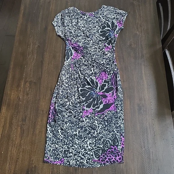 NWT ETRO Milano Floral Print Black Purple Gray Viscose Dress, Size 42 (US 8)